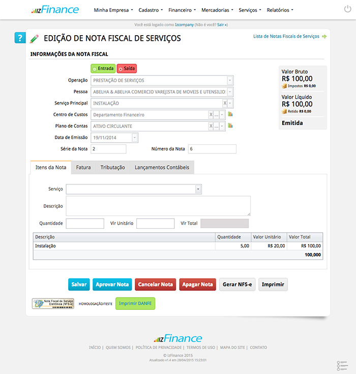 Tela de Nota Fiscal de Serviço Eletrônica - Imagem 2