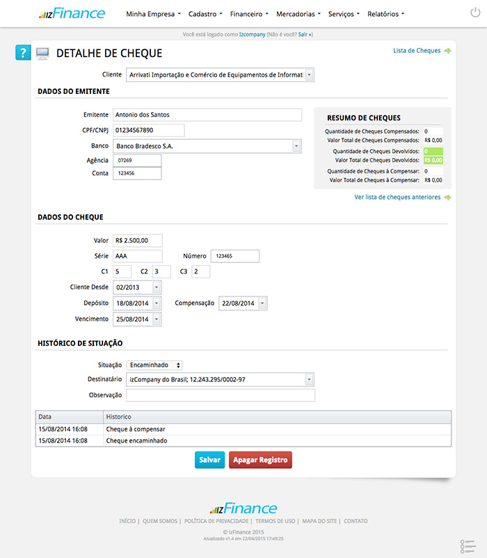 Tela de Recebimento de Cheques - Imagem 1