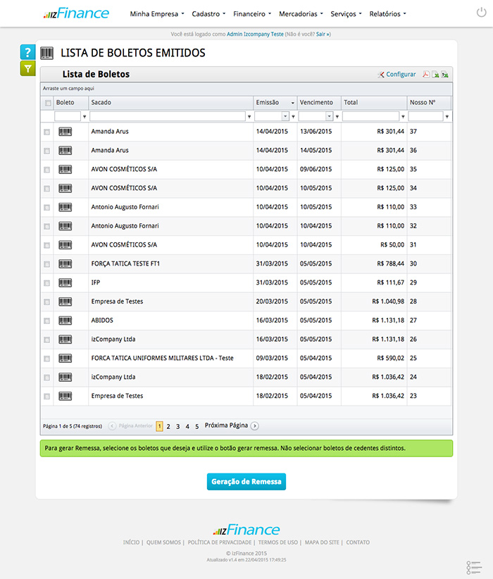 Tela de Relatório de Boletos Emitidos - Imagem 1